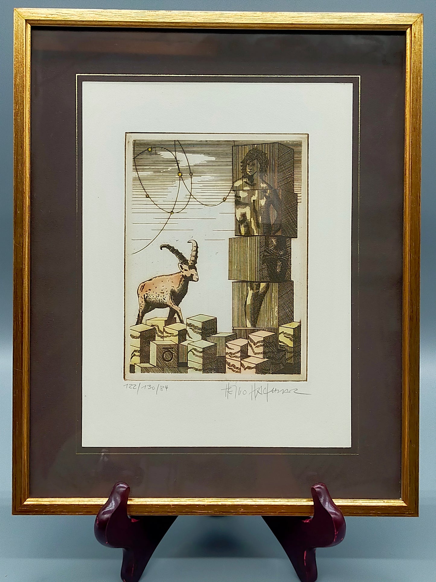 Heino Heidhues Steinbock Radierung (1984) Signierte Grafik im Rahmen