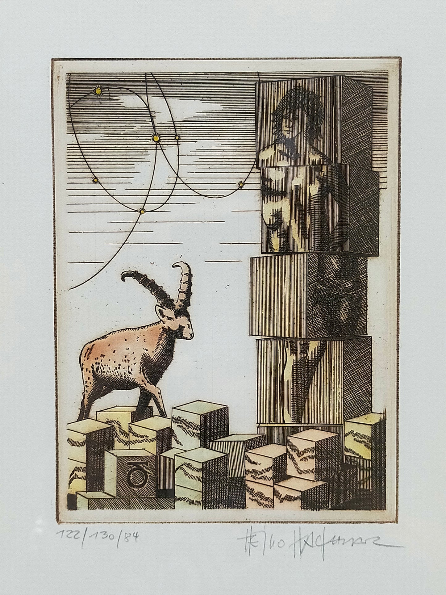 Heino Heidhues Steinbock Radierung (1984) Signierte Grafik im Rahmen