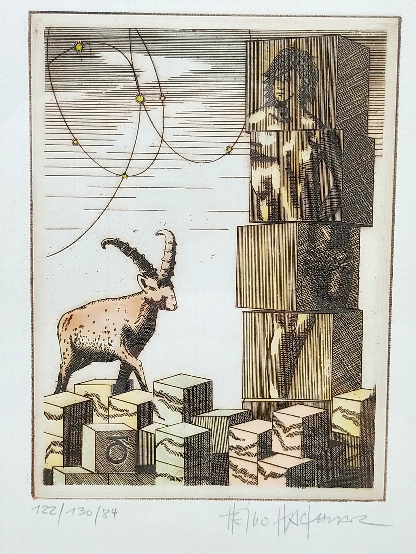 Heino Heidhues Steinbock Radierung (1984) Signierte Grafik im Rahmen