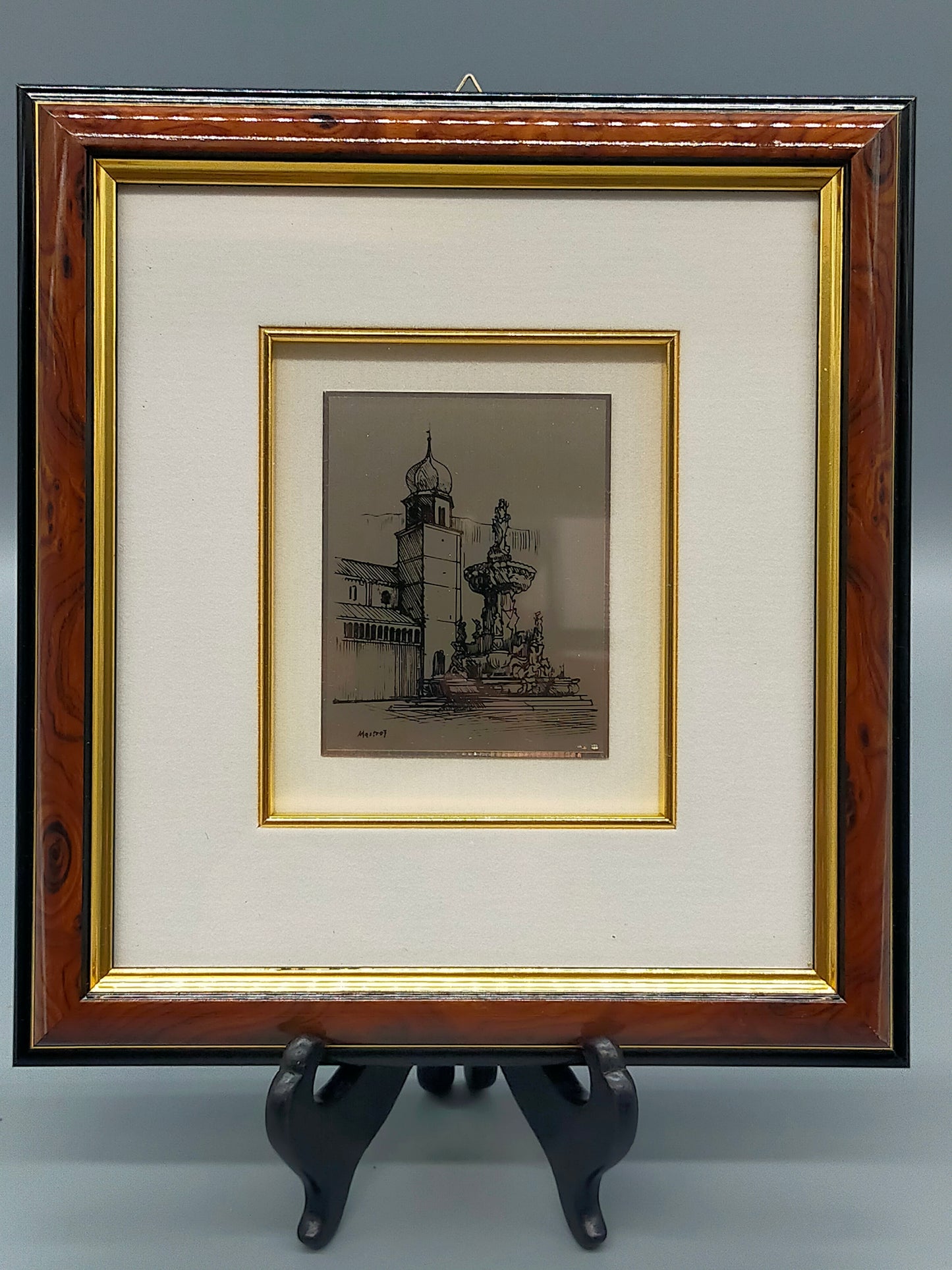 Italienische Schule Neptunbrunnen in Trient mit Dom  925 Silberbild