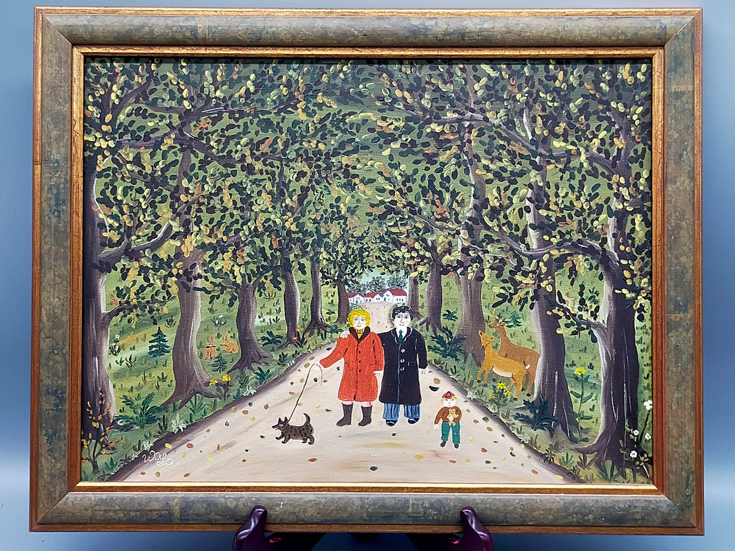 Deutsche Schule (XX) Spaziergang durch den Wald Naive Kunst Ölgemälde