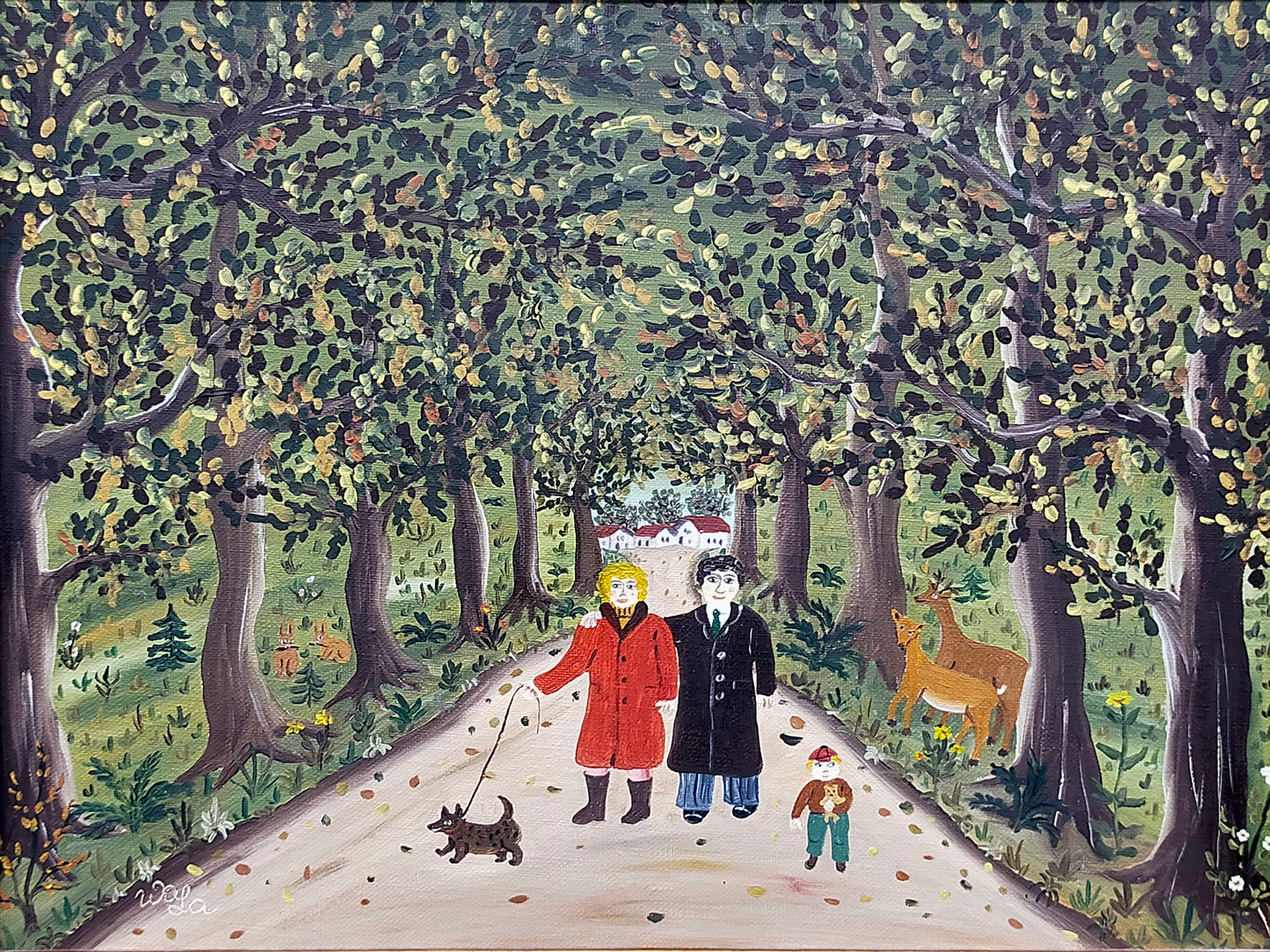 Deutsche Schule (XX) Spaziergang durch den Wald Naive Kunst Ölgemälde