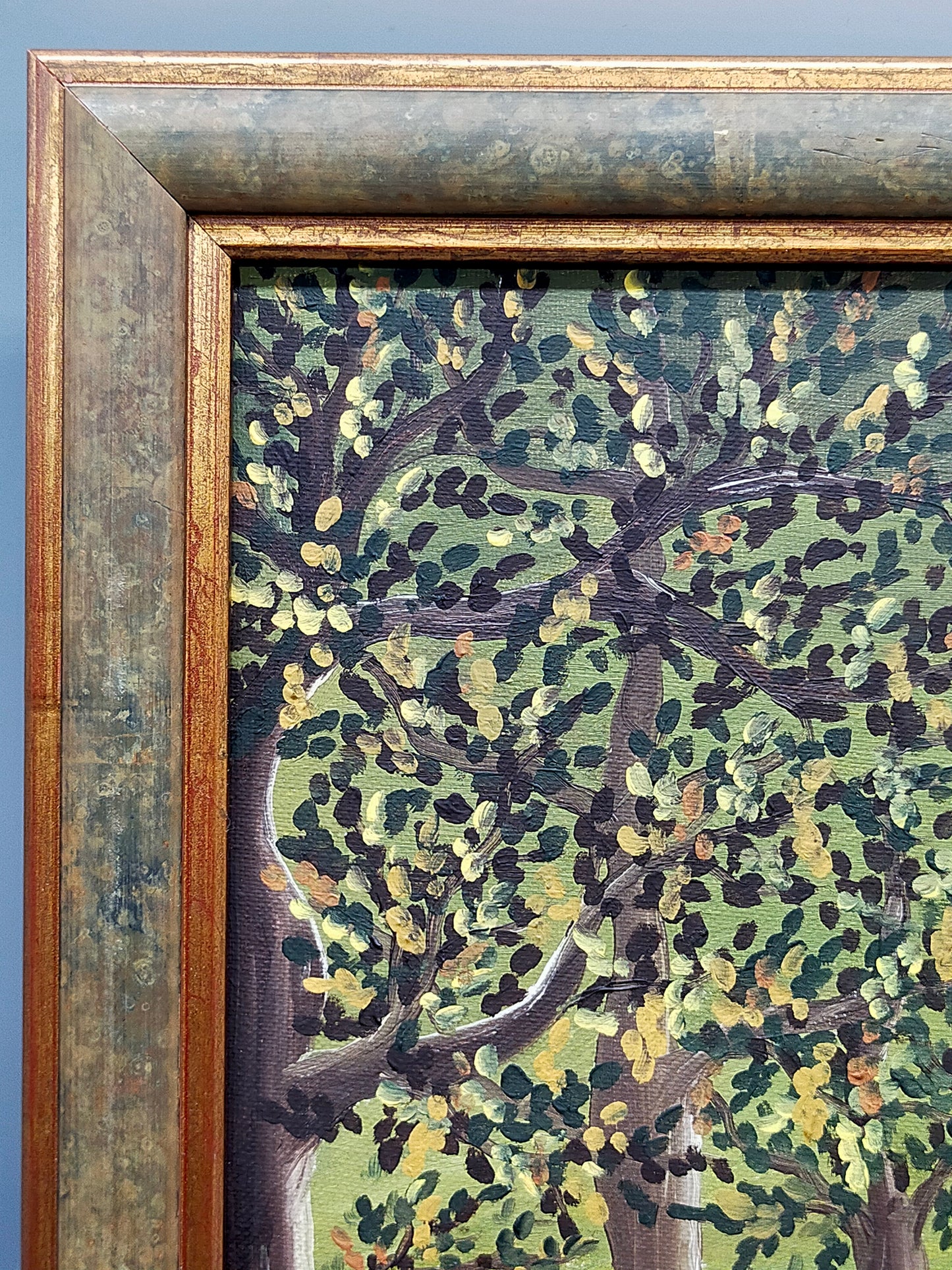 Deutsche Schule (XX) Spaziergang durch den Wald Naive Kunst Ölgemälde