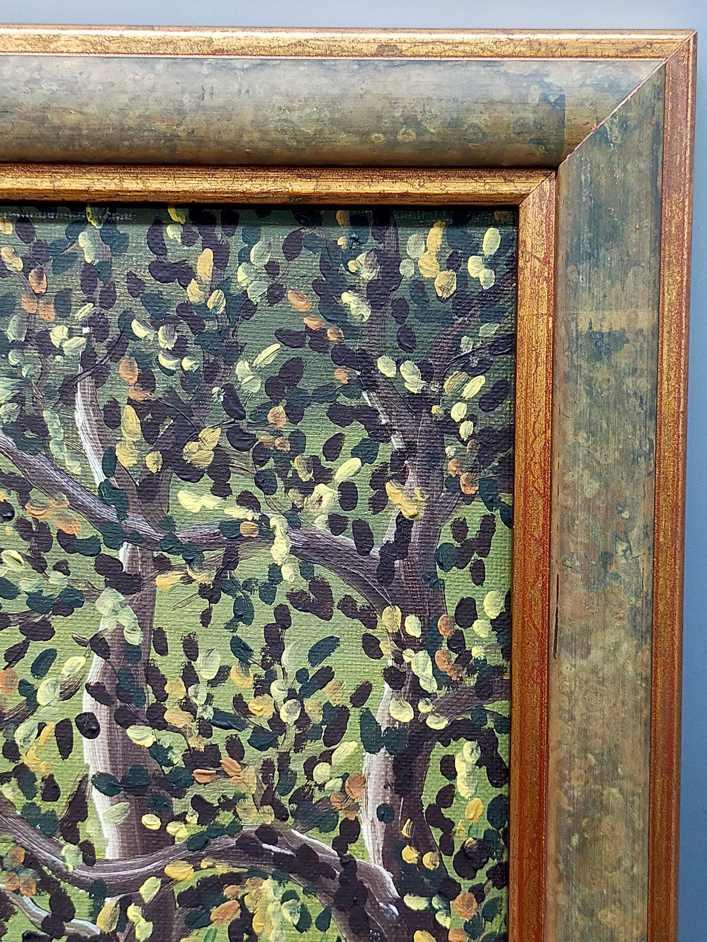 Deutsche Schule (XX) Spaziergang durch den Wald Naive Kunst Ölgemälde