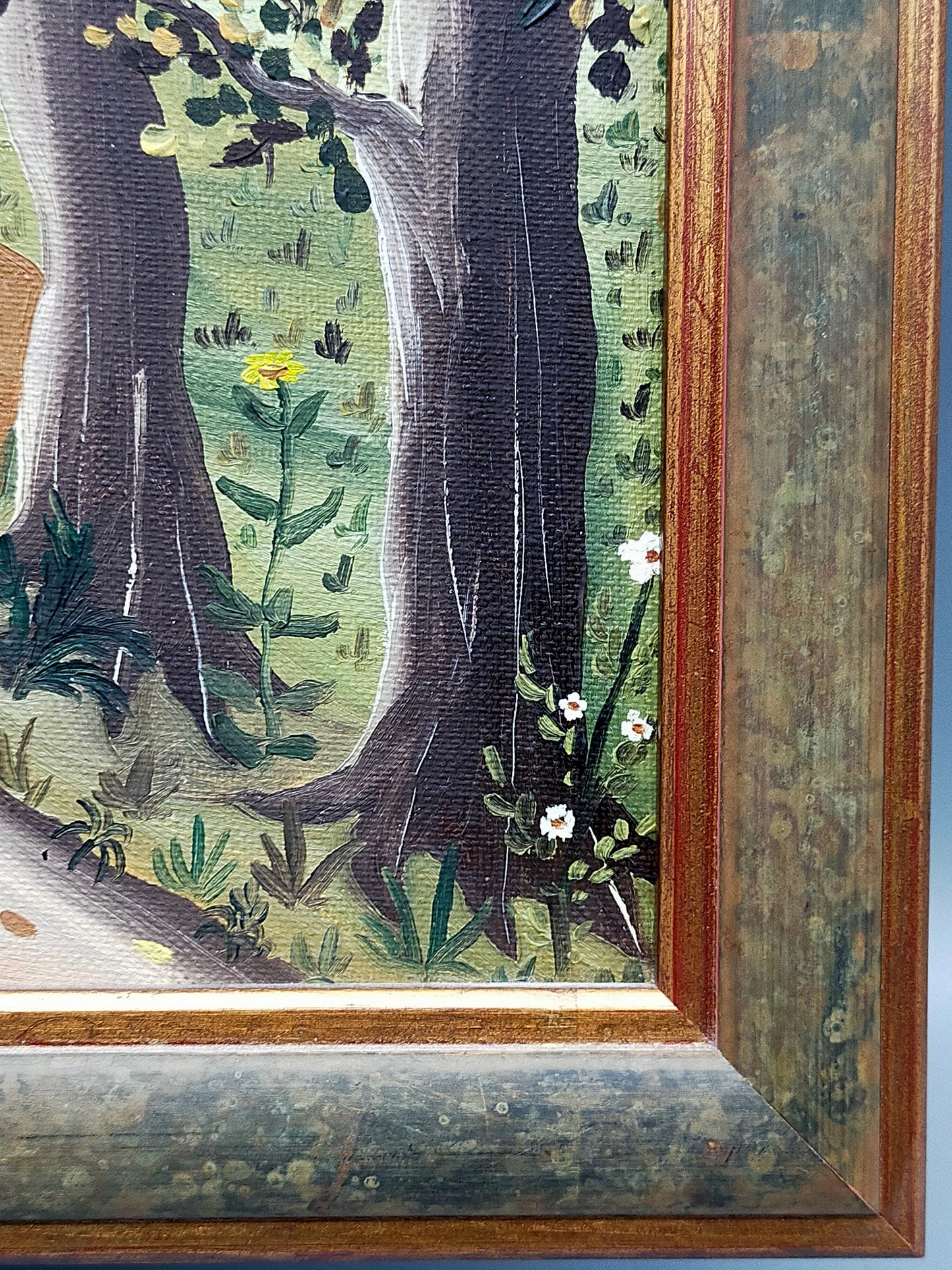 Deutsche Schule (XX) Spaziergang durch den Wald Naive Kunst Ölgemälde
