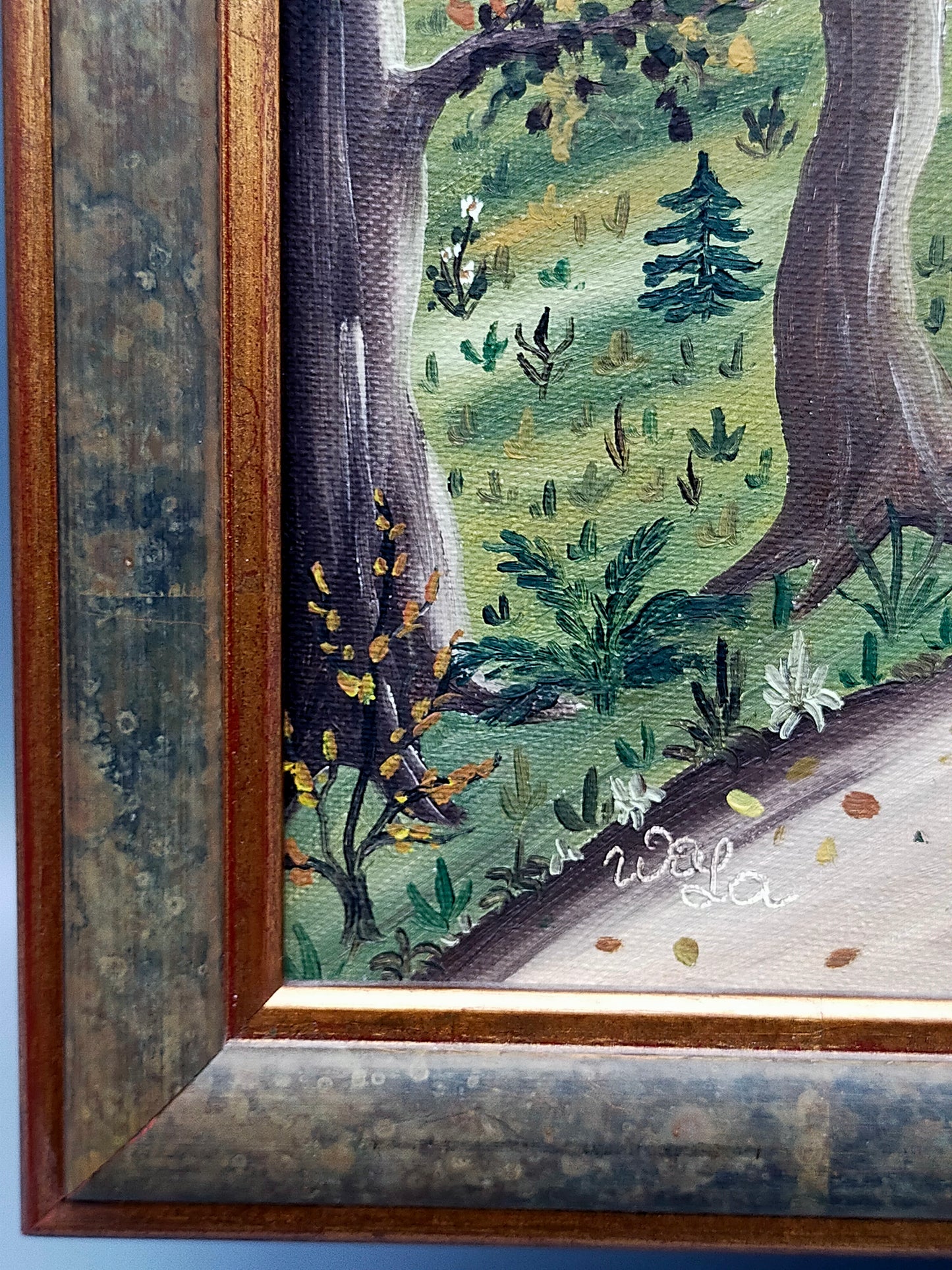 Deutsche Schule (XX) Spaziergang durch den Wald Naive Kunst Ölgemälde