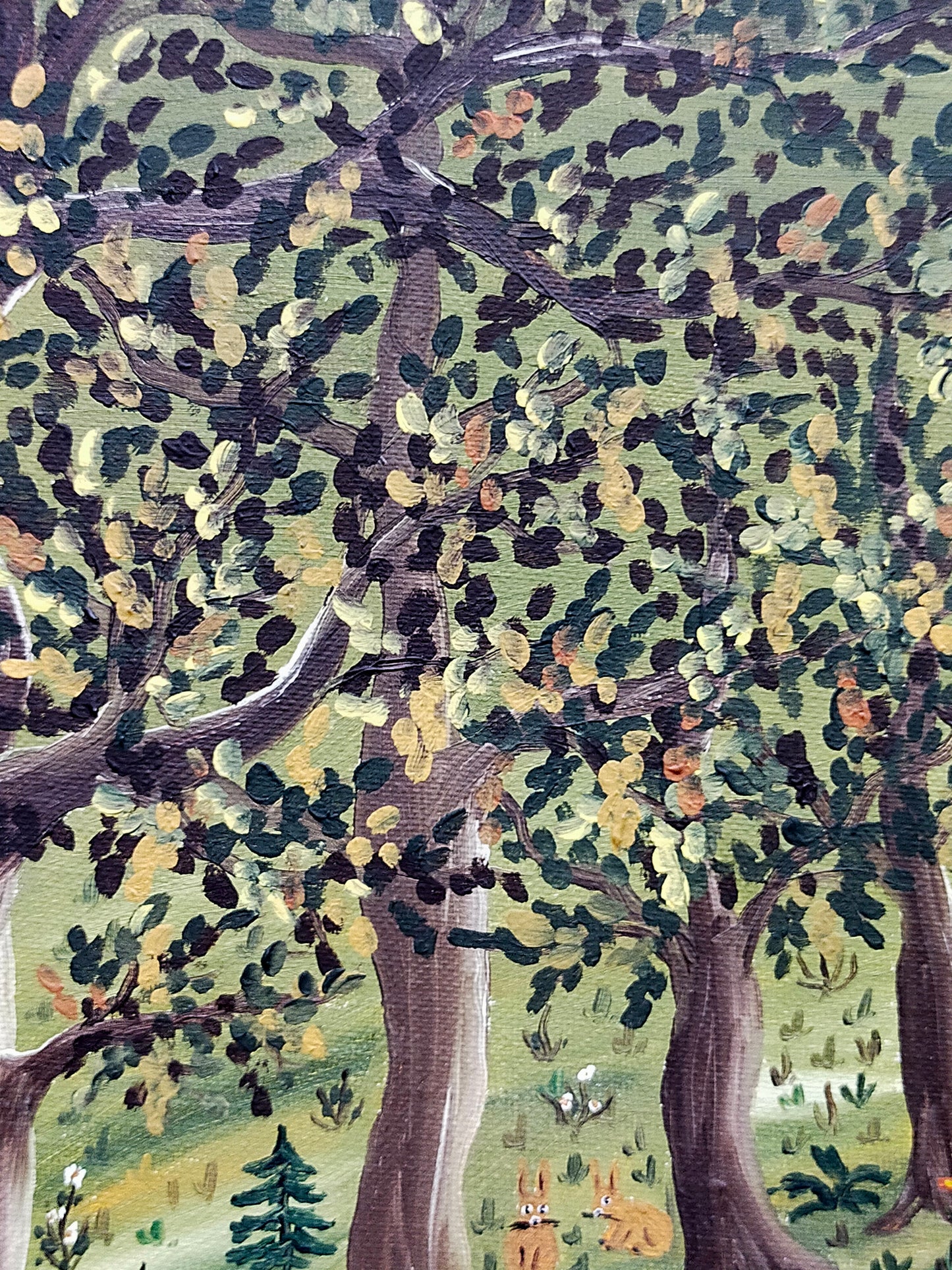 Deutsche Schule (XX) Spaziergang durch den Wald Naive Kunst Ölgemälde
