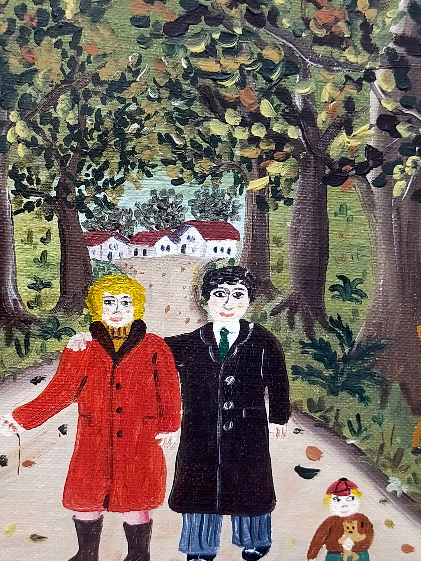 Deutsche Schule (XX) Spaziergang durch den Wald Naive Kunst Ölgemälde