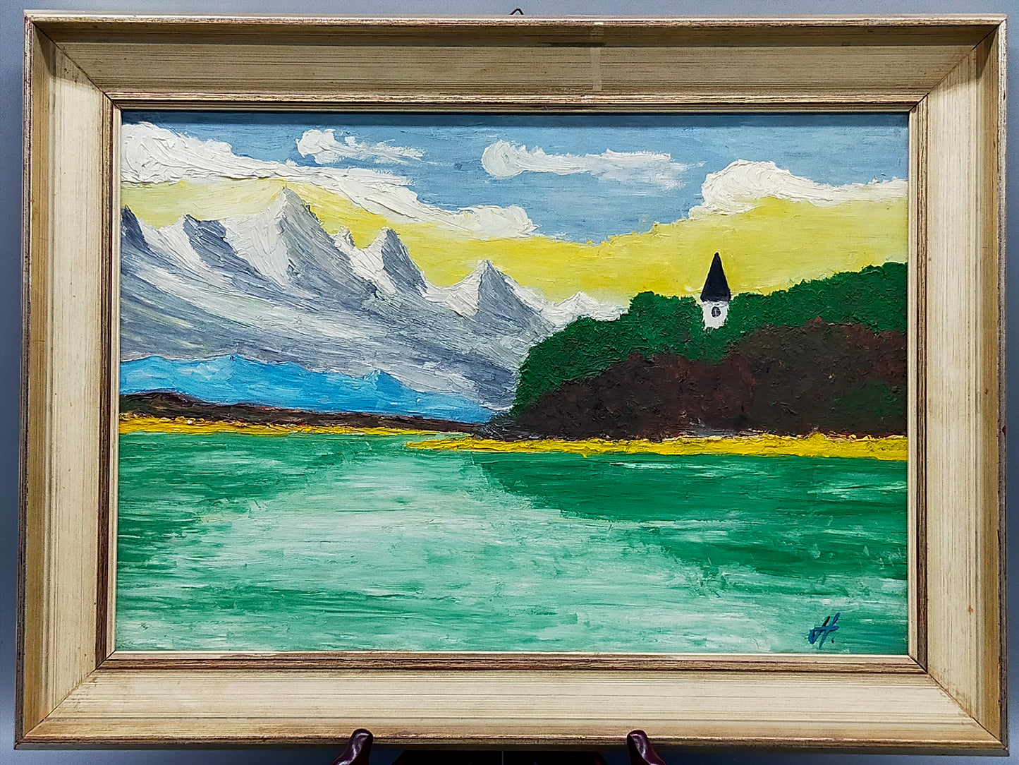 Deutsche Schule (XX) Berglandschaft mit See und Kirche Ölgemälde