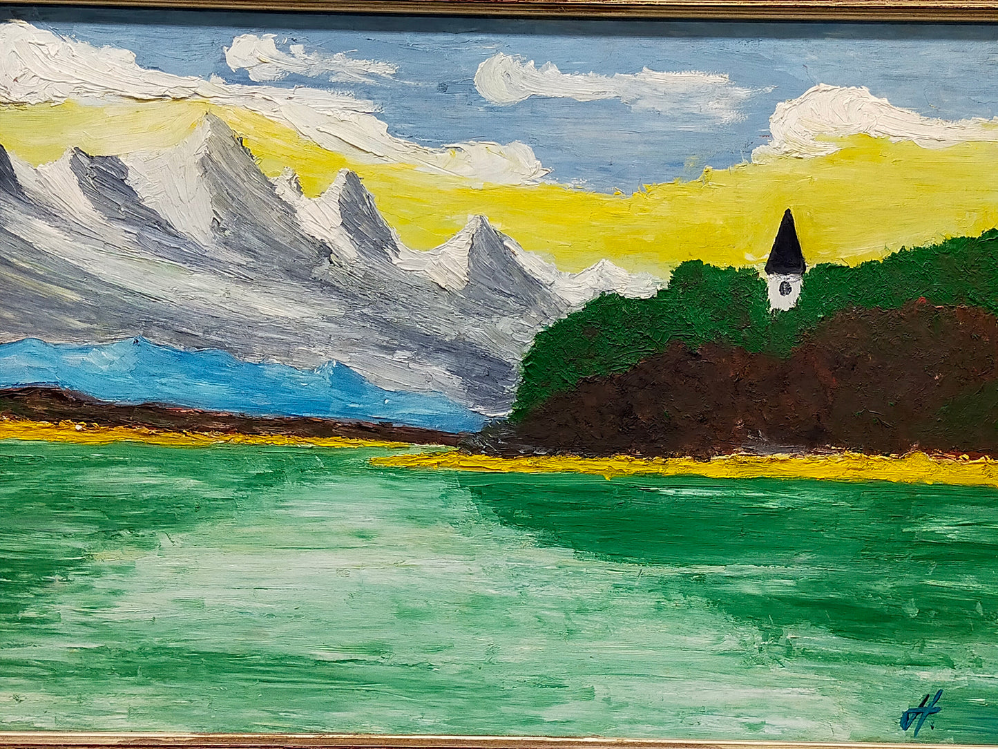Deutsche Schule (XX) Berglandschaft mit See und Kirche Ölgemälde