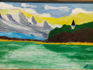 Deutsche Schule (XX) Berglandschaft mit See und Kirche Ölgemälde