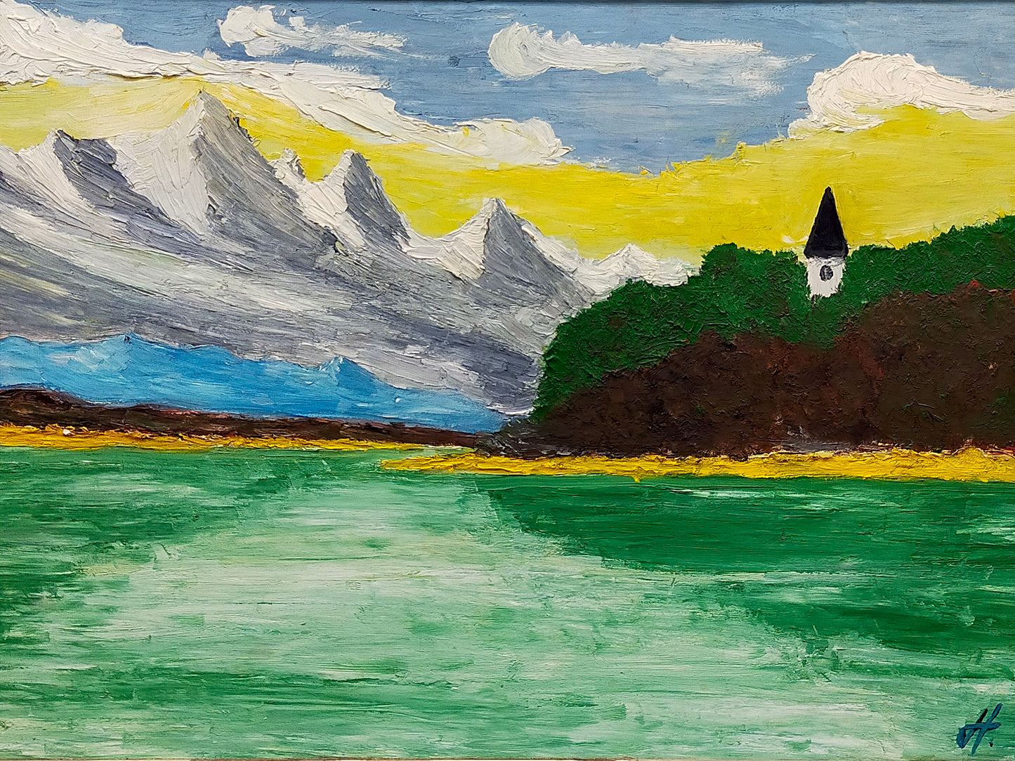 Deutsche Schule (XX) Berglandschaft mit See und Kirche Ölgemälde