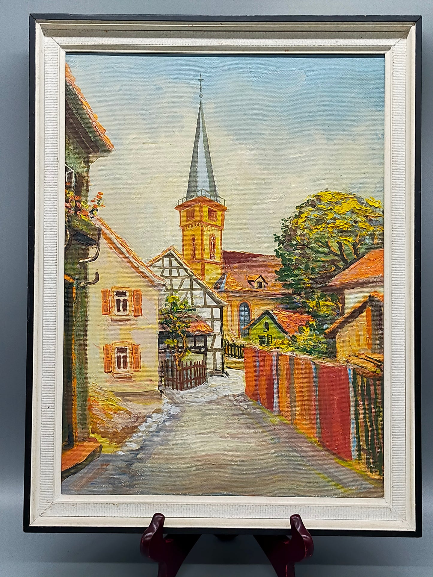 Deutsche Schule (XX) Romantische Dorfstraße mit Kirche Ölgemälde