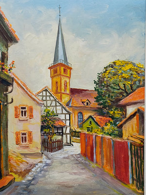 Deutsche Schule (XX) Romantische Dorfstraße mit Kirche Ölgemälde