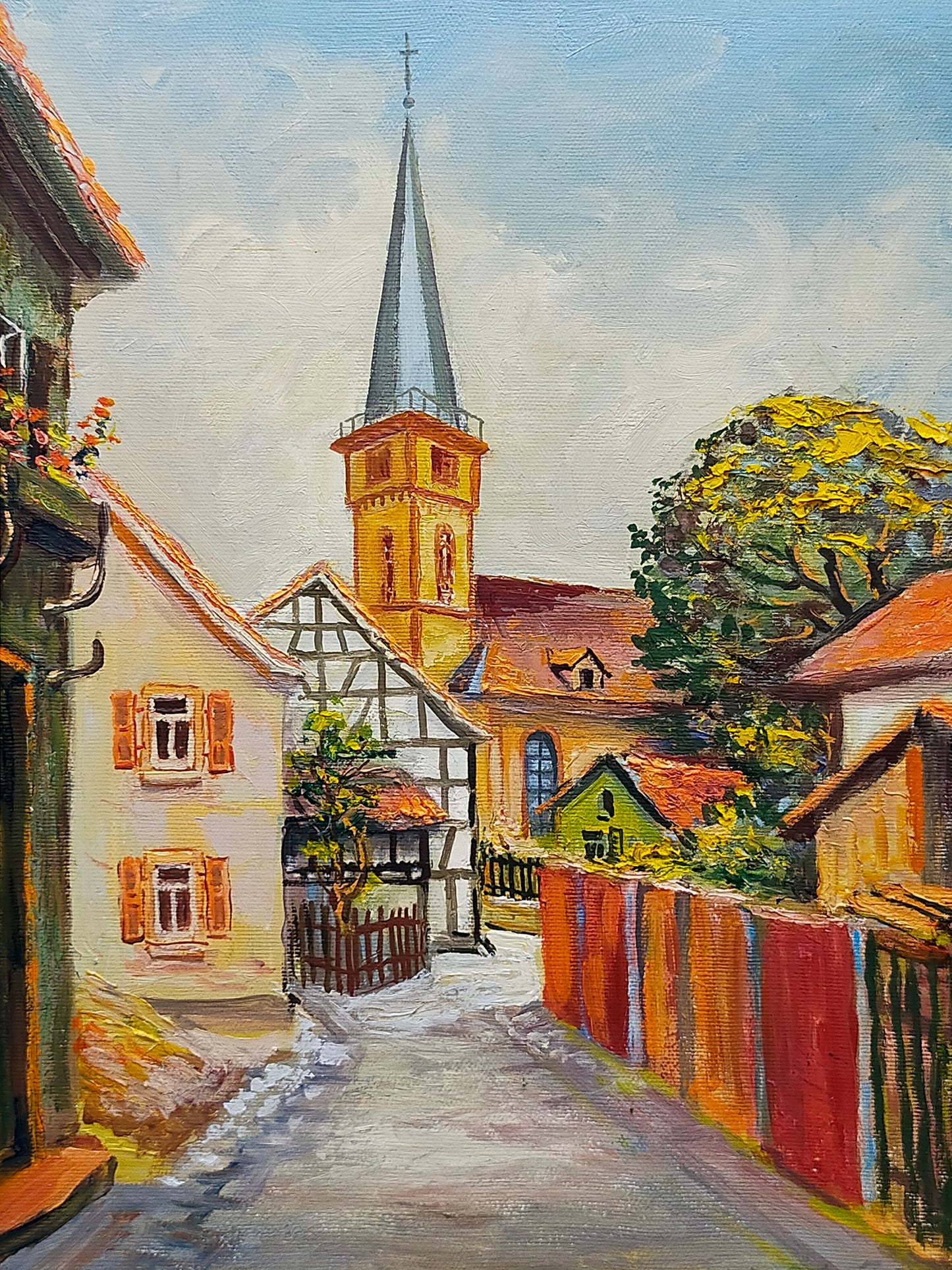 Deutsche Schule (XX) Romantische Dorfstraße mit Kirche Ölgemälde
