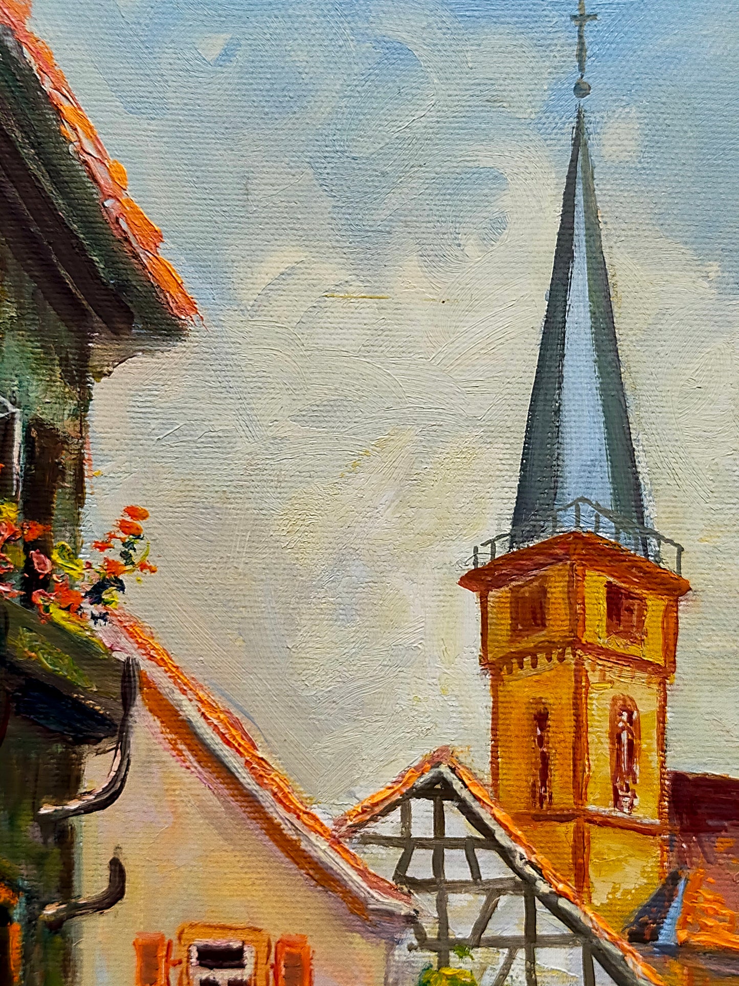 Deutsche Schule (XX) Romantische Dorfstraße mit Kirche Ölgemälde