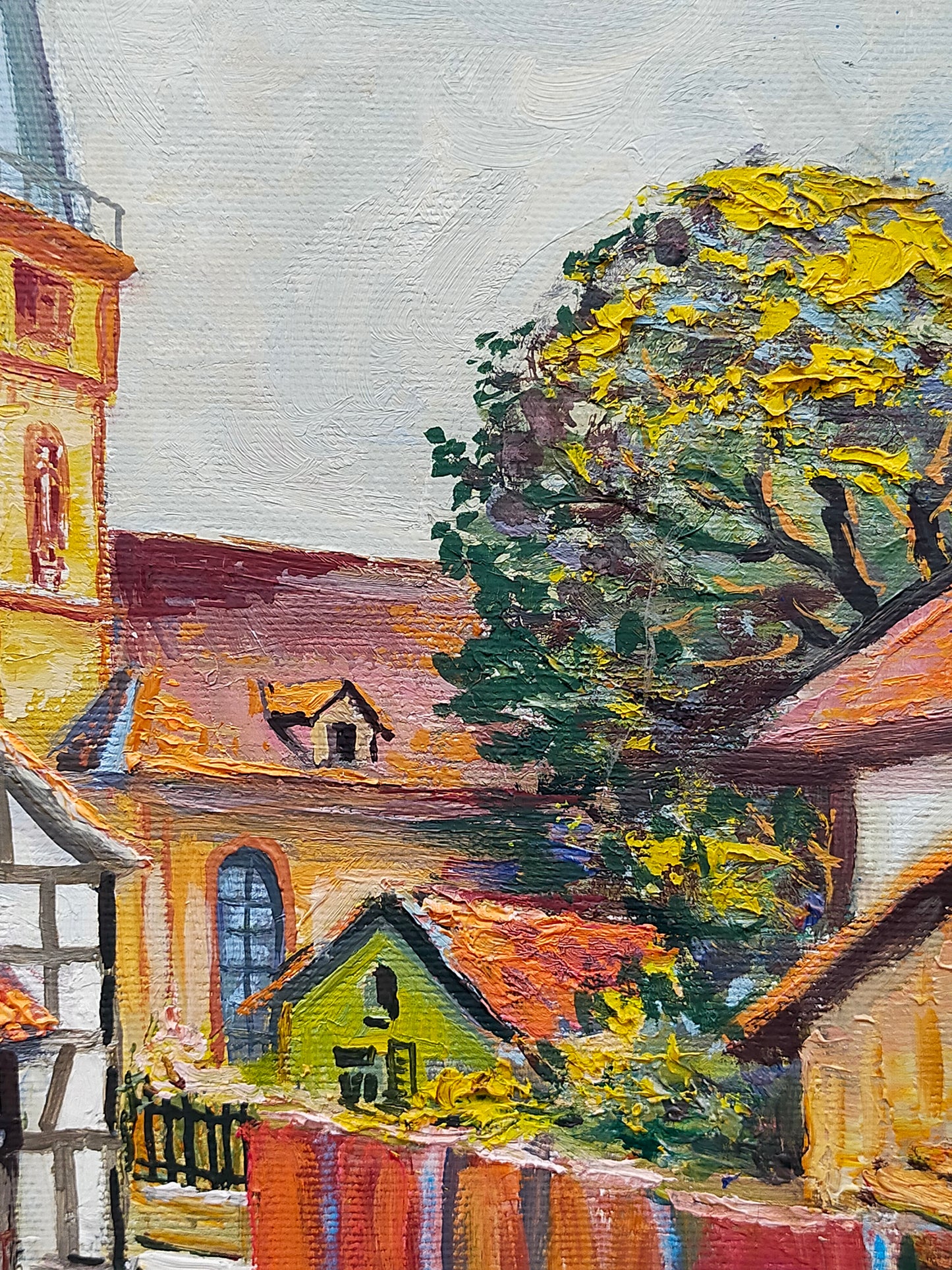 Deutsche Schule (XX) Romantische Dorfstraße mit Kirche Ölgemälde