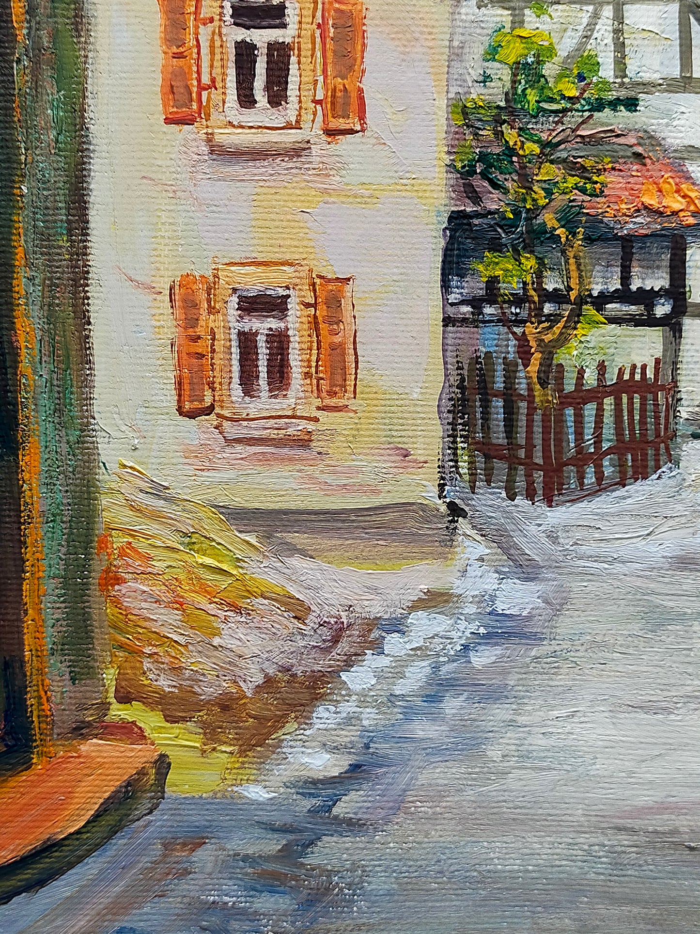 Deutsche Schule (XX) Romantische Dorfstraße mit Kirche Ölgemälde