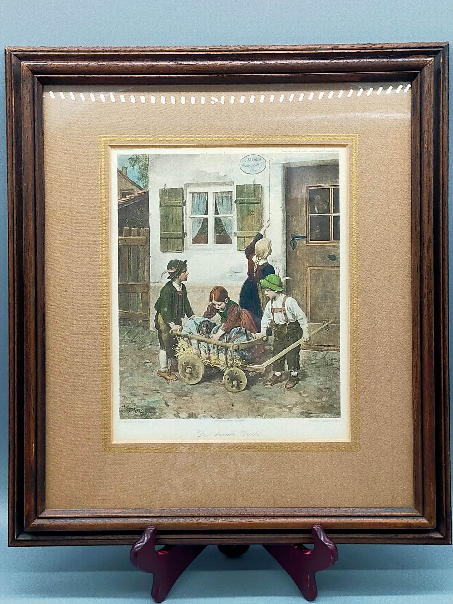 Franz von Defregger- Kinder mit Hund im Wagen Handkolorierter Kupferdruck