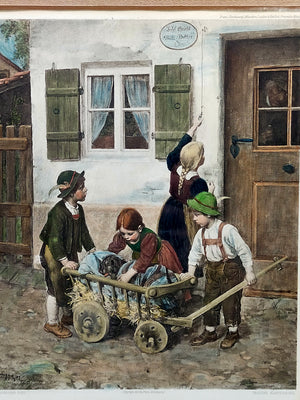 Franz von Defregger- Kinder mit Hund im Wagen Handkolorierter Kupferdruck