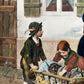 Franz von Defregger- Kinder mit Hund im Wagen Handkolorierter Kupferdruck