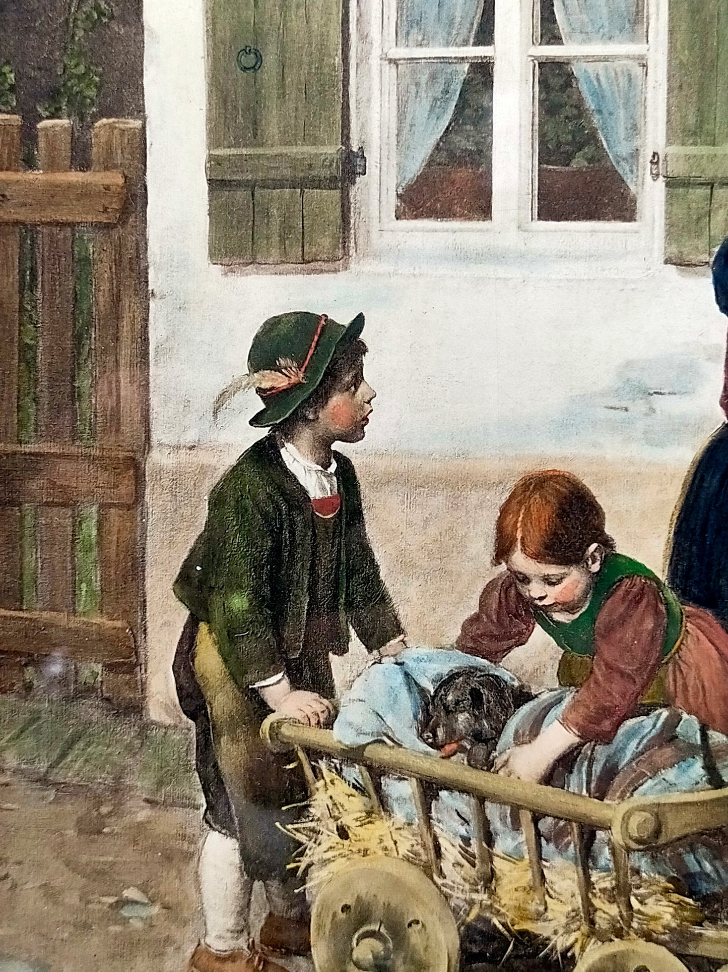 Franz von Defregger- Kinder mit Hund im Wagen Handkolorierter Kupferdruck