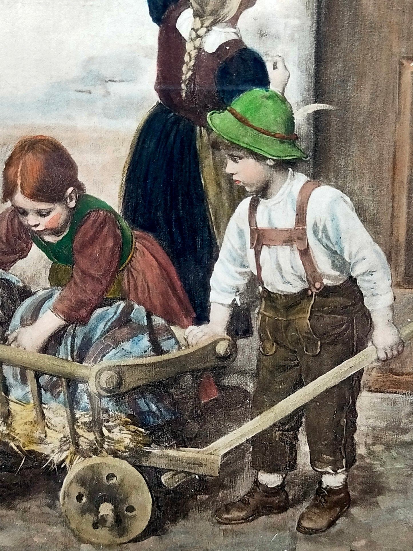 Franz von Defregger- Kinder mit Hund im Wagen Handkolorierter Kupferdruck