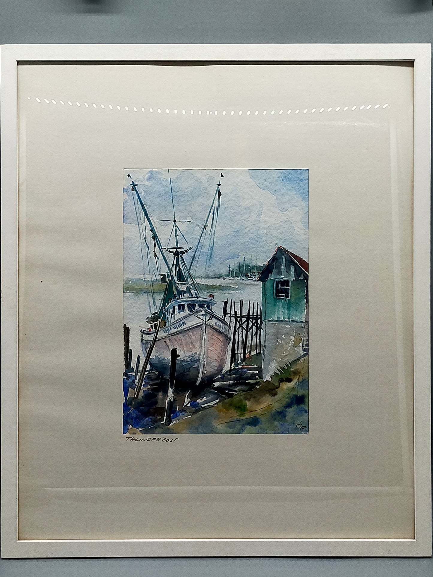 Amerikanische Schule (XX) Thunderbolt Kutter am Steg  Aquarell