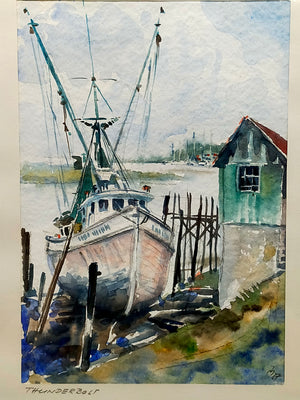 Amerikanische Schule (XX) Thunderbolt Kutter am Steg  Aquarell