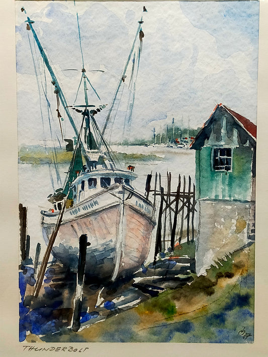 Amerikanische Schule (XX) Thunderbolt Kutter am Steg  Aquarell