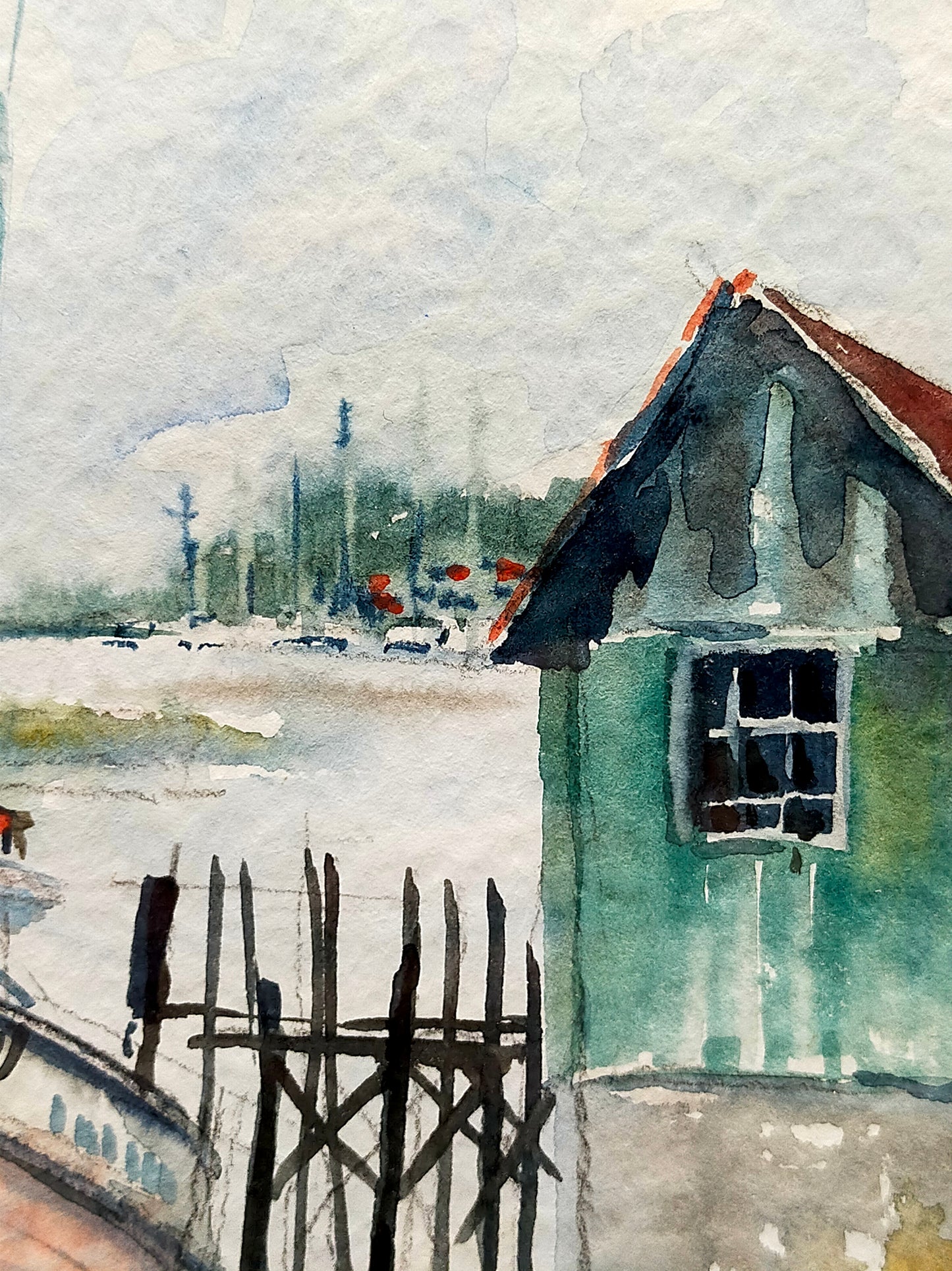 Amerikanische Schule (XX) Thunderbolt Kutter am Steg  Aquarell