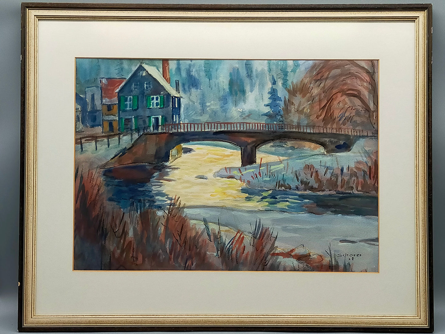 Deutsche Schule (XX) Winterliche Flusslandschaft mit Brücke Aquarell