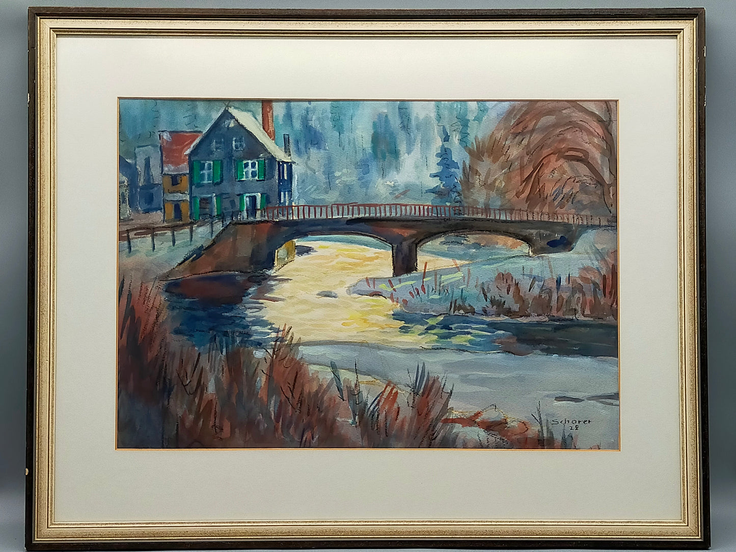 Deutsche Schule (XX) Winterliche Flusslandschaft mit Brücke Aquarell