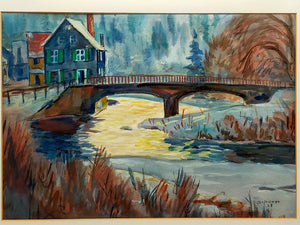 Deutsche Schule (XX) Winterliche Flusslandschaft mit Brücke Aquarell