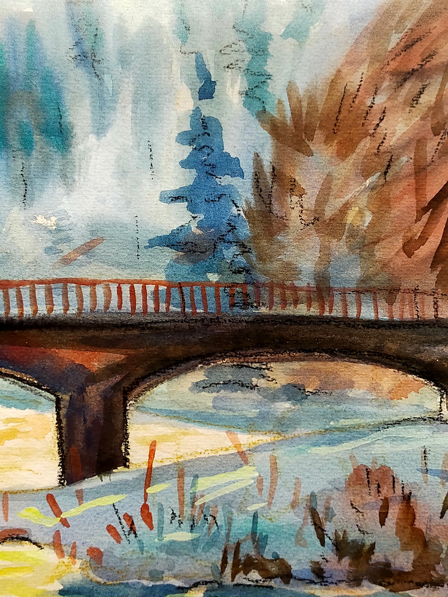 Deutsche Schule (XX) Winterliche Flusslandschaft mit Brücke Aquarell