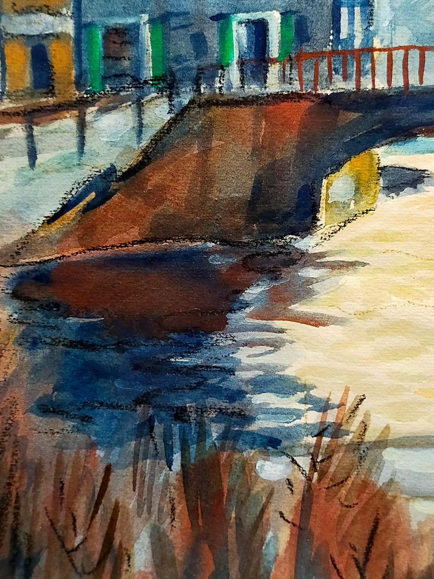 Deutsche Schule (XX) Winterliche Flusslandschaft mit Brücke Aquarell