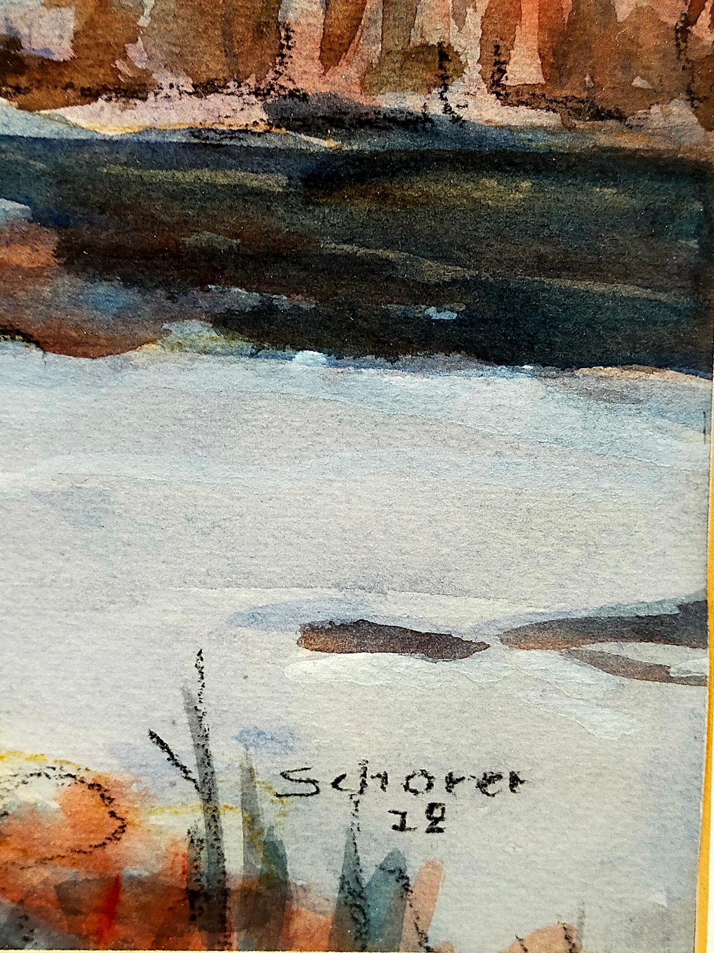 Deutsche Schule (XX) Winterliche Flusslandschaft mit Brücke Aquarell
