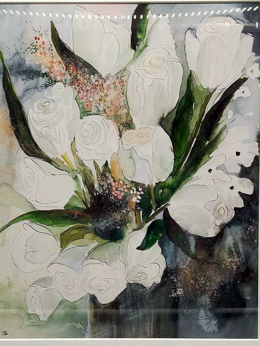 Gisela Tanculski – Elegantes Aquarell mit weißen Rosen – Kunstwerk