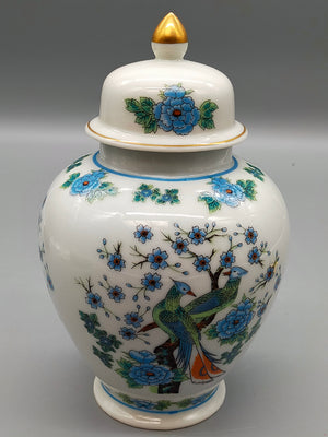 Elegante FHH Deckelvase Handbemaltes Porzellan mit Vogelmotiv