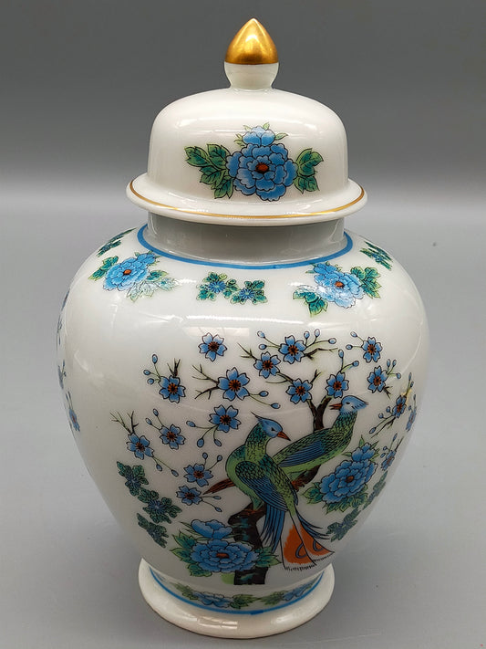 Elegante FHH Deckelvase Handbemaltes Porzellan mit Vogelmotiv