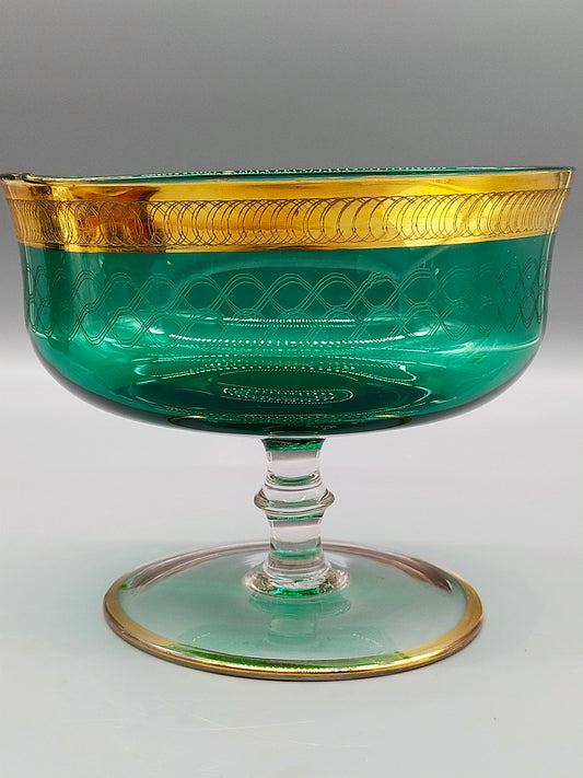 Antike smaragdgrüne Glas Fußschale mit edlem Golddekor