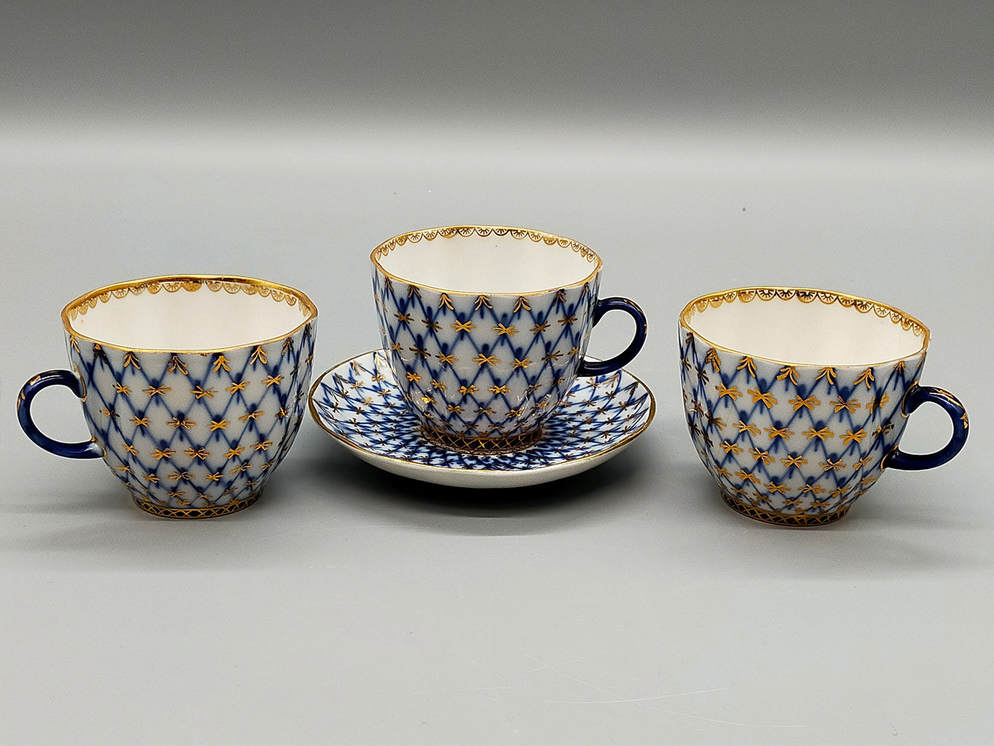Lomonosov Kobaltnetz Mokka-Set – 3 Tassen & 1 Untertasse UdSSR
