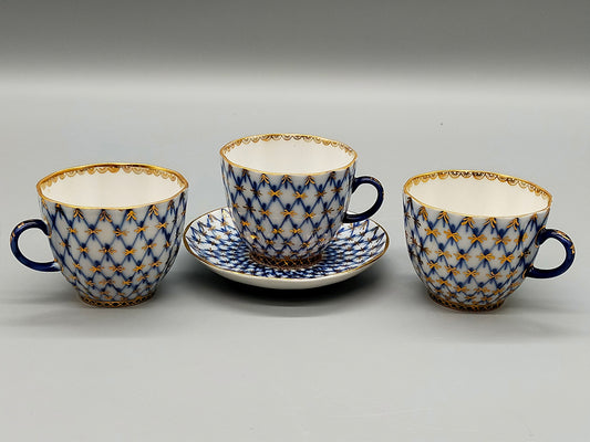 Lomonosov Kobaltnetz Mokka-Set – 3 Tassen & 1 Untertasse UdSSR