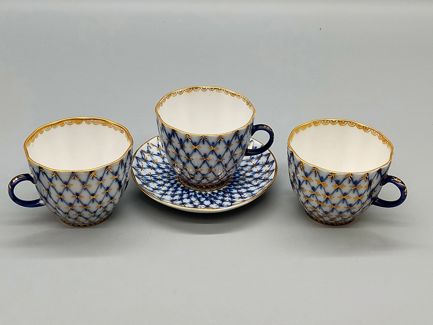 Lomonosov Kobaltnetz Mokka-Set – 3 Tassen & 1 Untertasse UdSSR