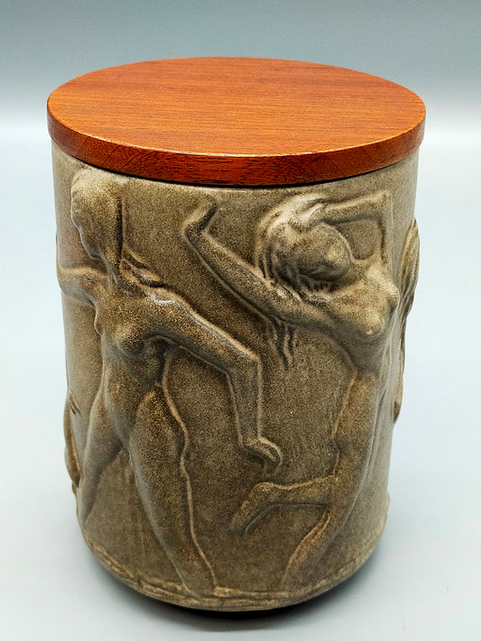 Art Déco Keramik Vorratsdose mit Holzdeckel Relief Tanzende Aktfiguren
