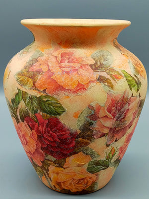 Große Vintage Keramik Vase mit Rosen-Serviettentechnik