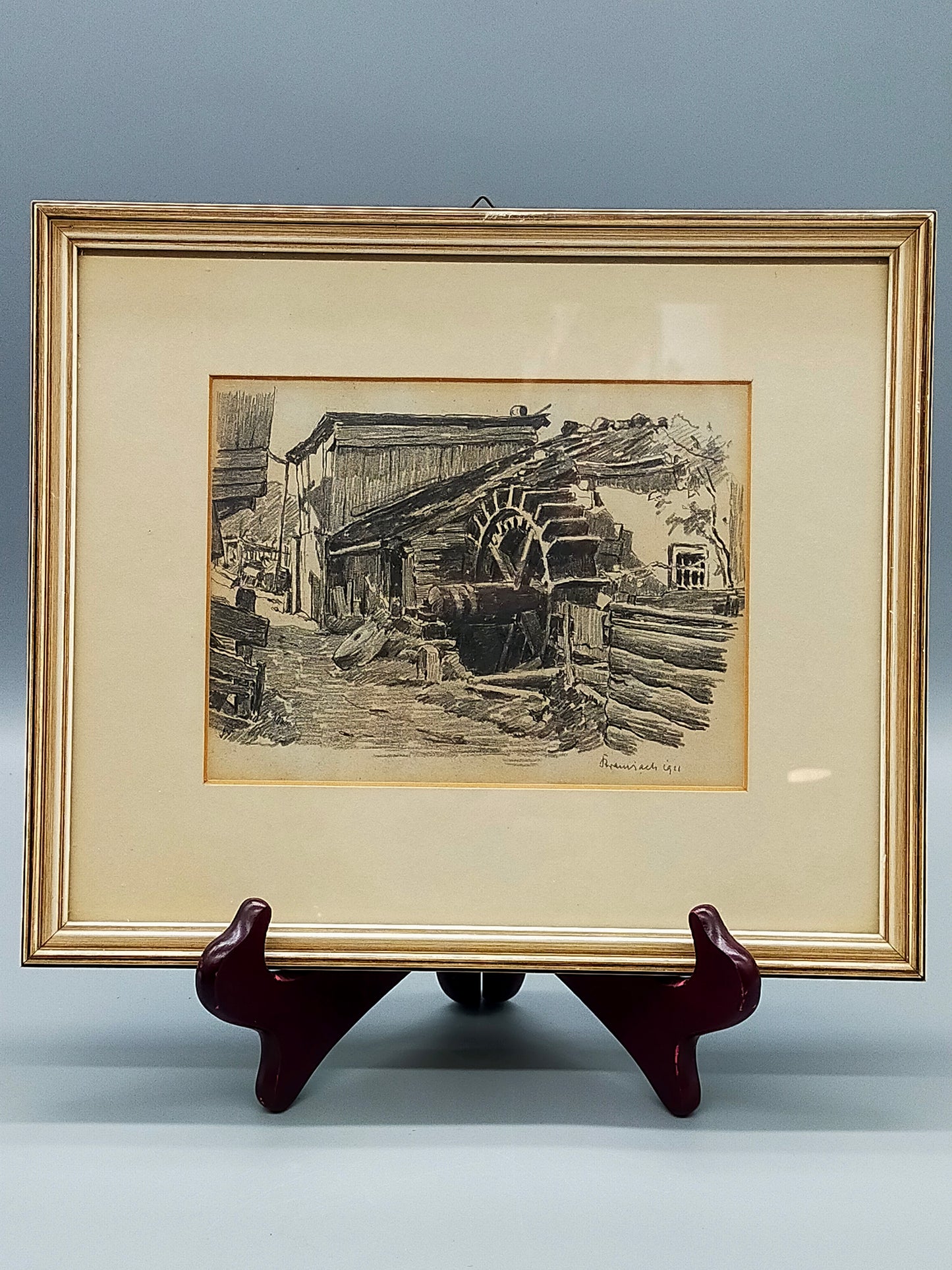 Deutsche Schule (XX) Historische Wassermühle Kohlezeichnung 1911