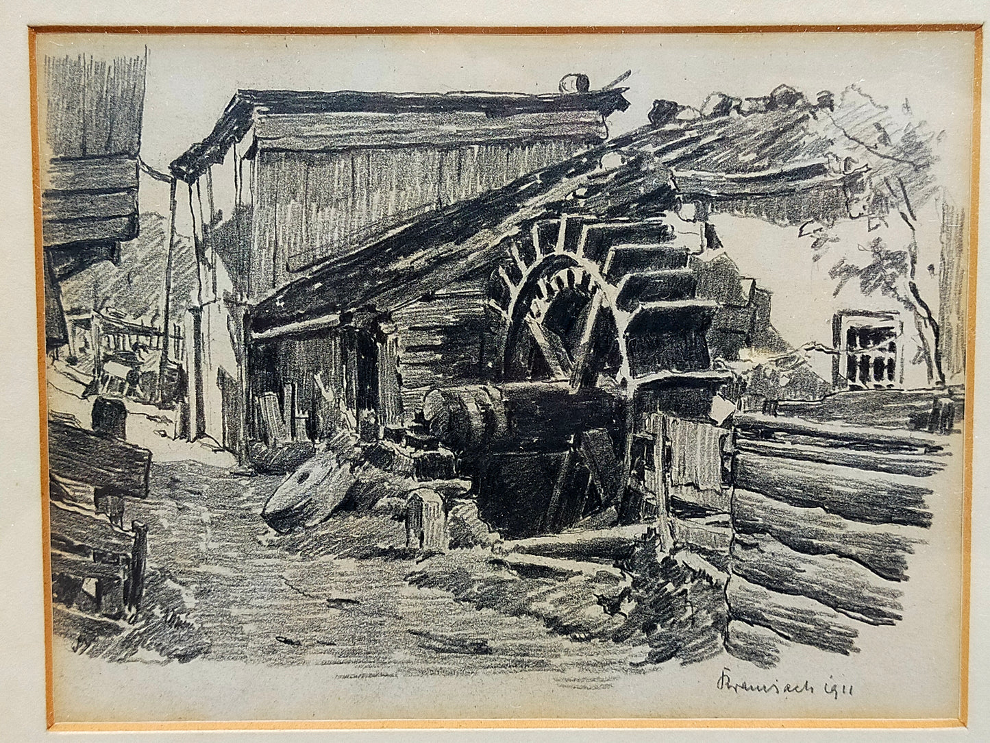Deutsche Schule (XX) Historische Wassermühle Kohlezeichnung 1911