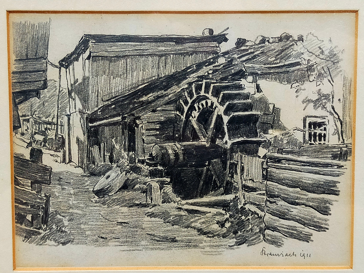 Deutsche Schule (XX) Historische Wassermühle Kohlezeichnung 1911