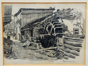 Deutsche Schule (XX) Historische Wassermühle Kohlezeichnung 1911
